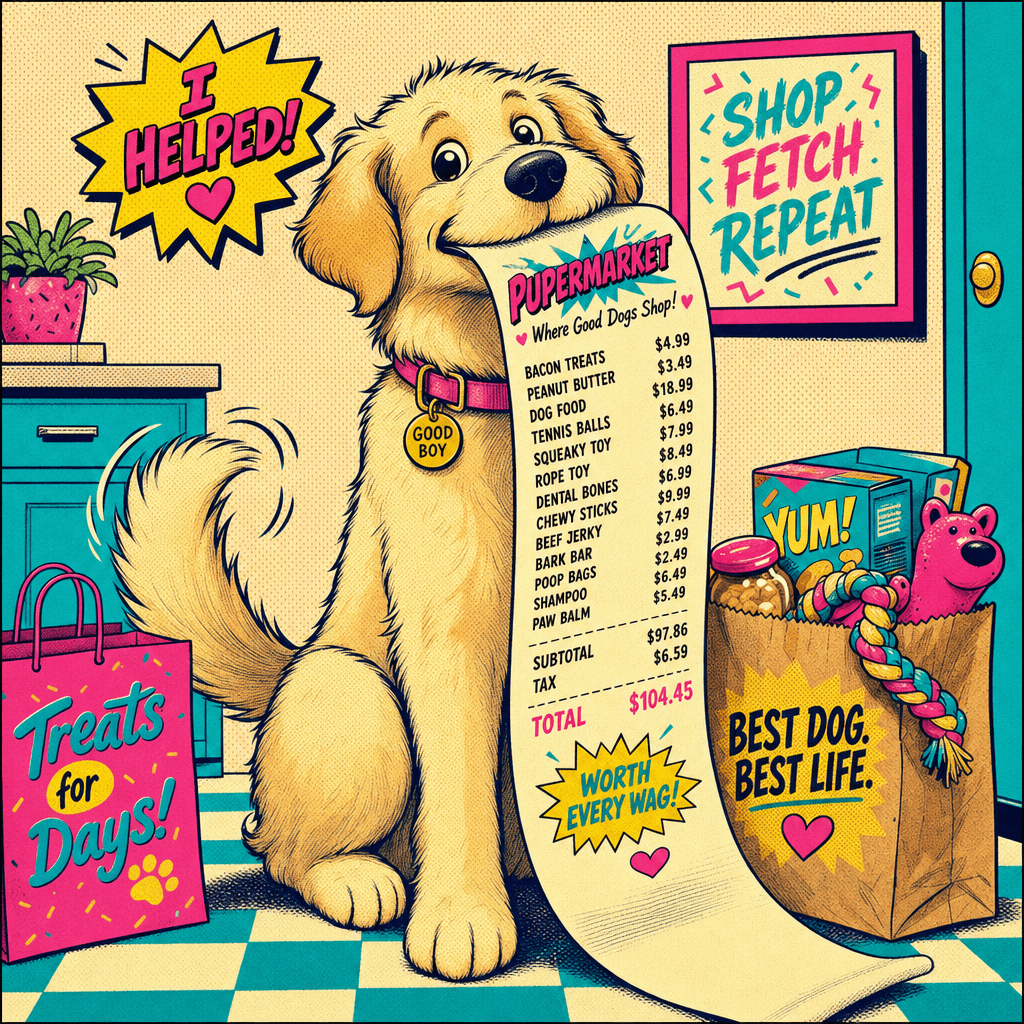 A dog proudly holding a grocery receipt in its mouth