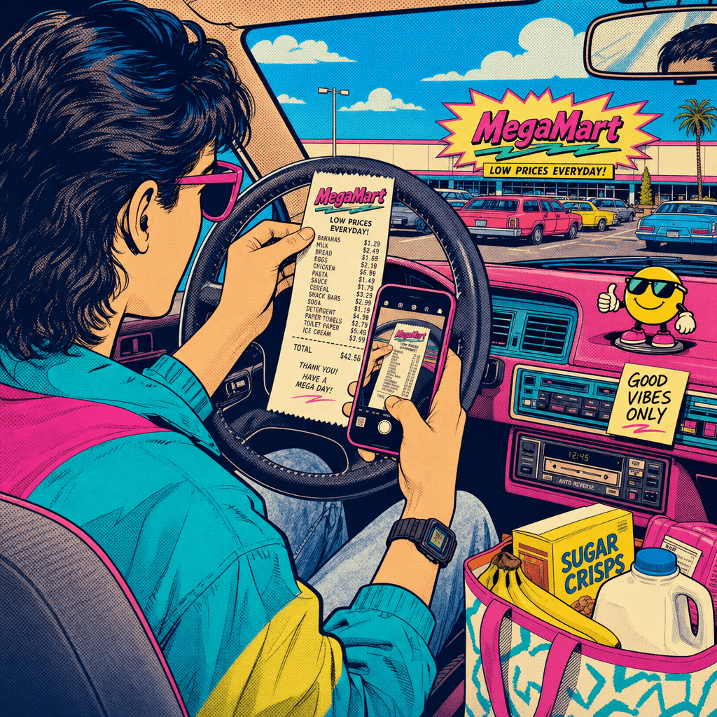 Someone photographing a receipt in the driver's seat of their car