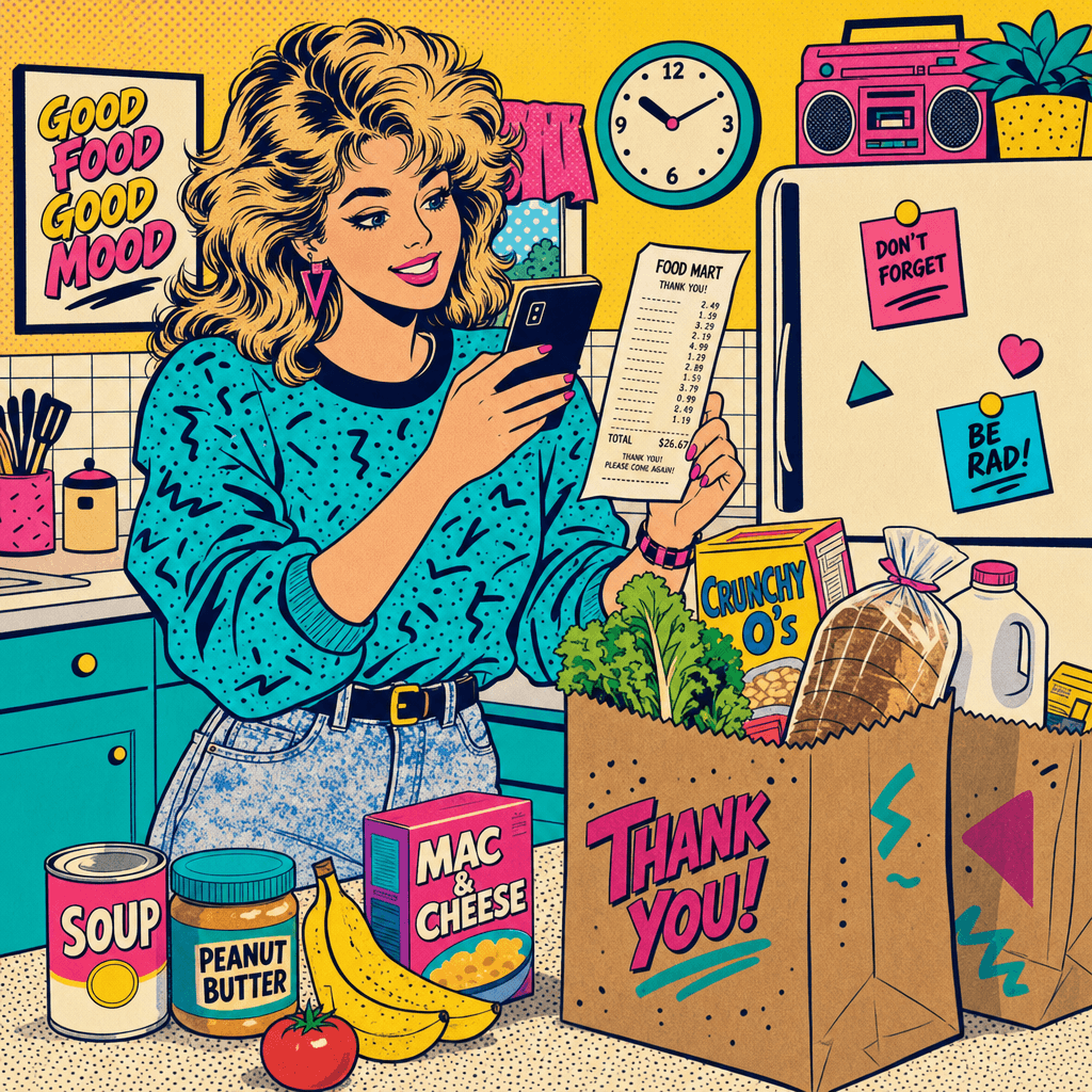 Someone photographing a receipt next to grocery bags on a kitchen counter