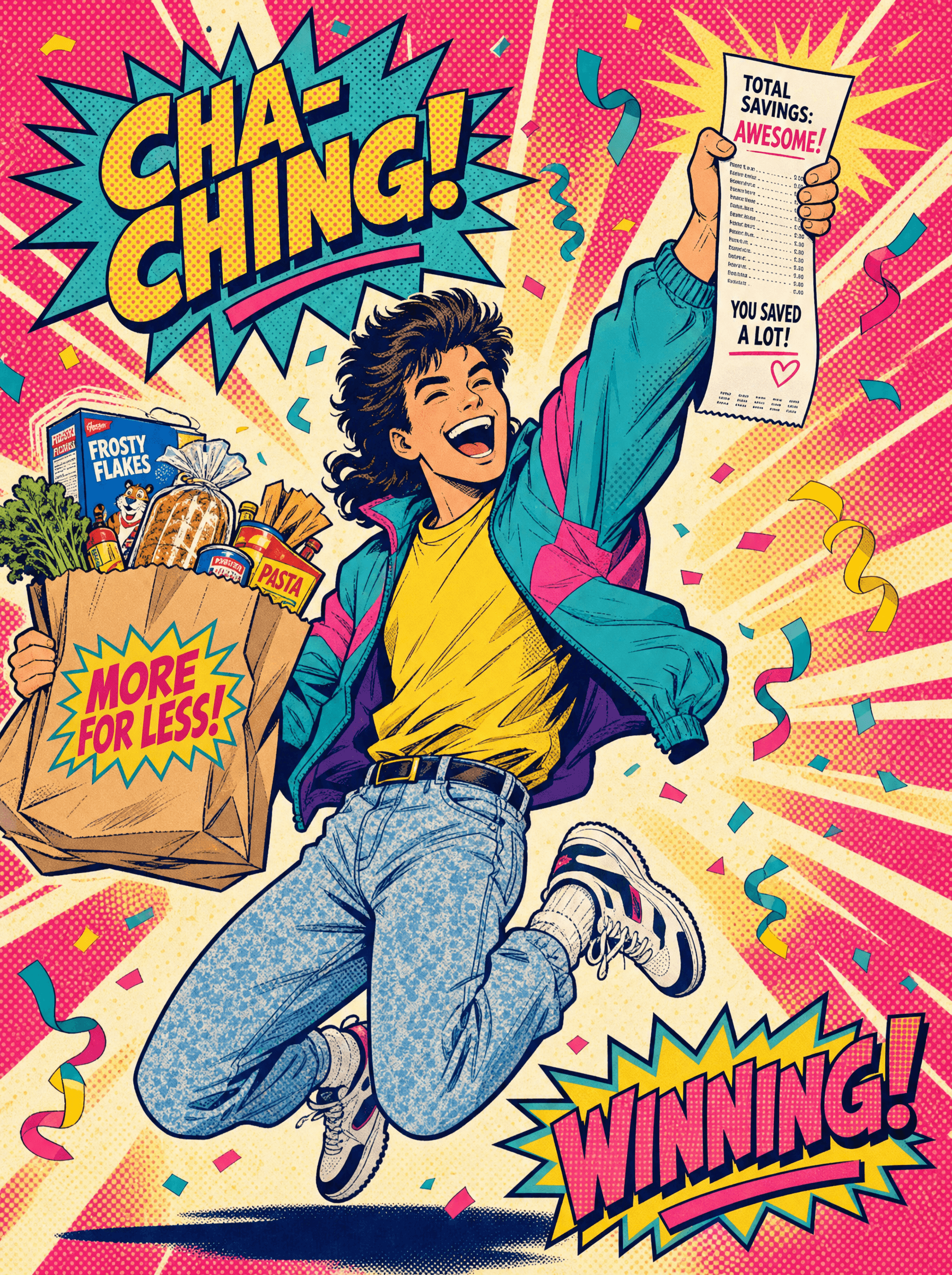 A shopper triumphantly celebrating after finding a lower price