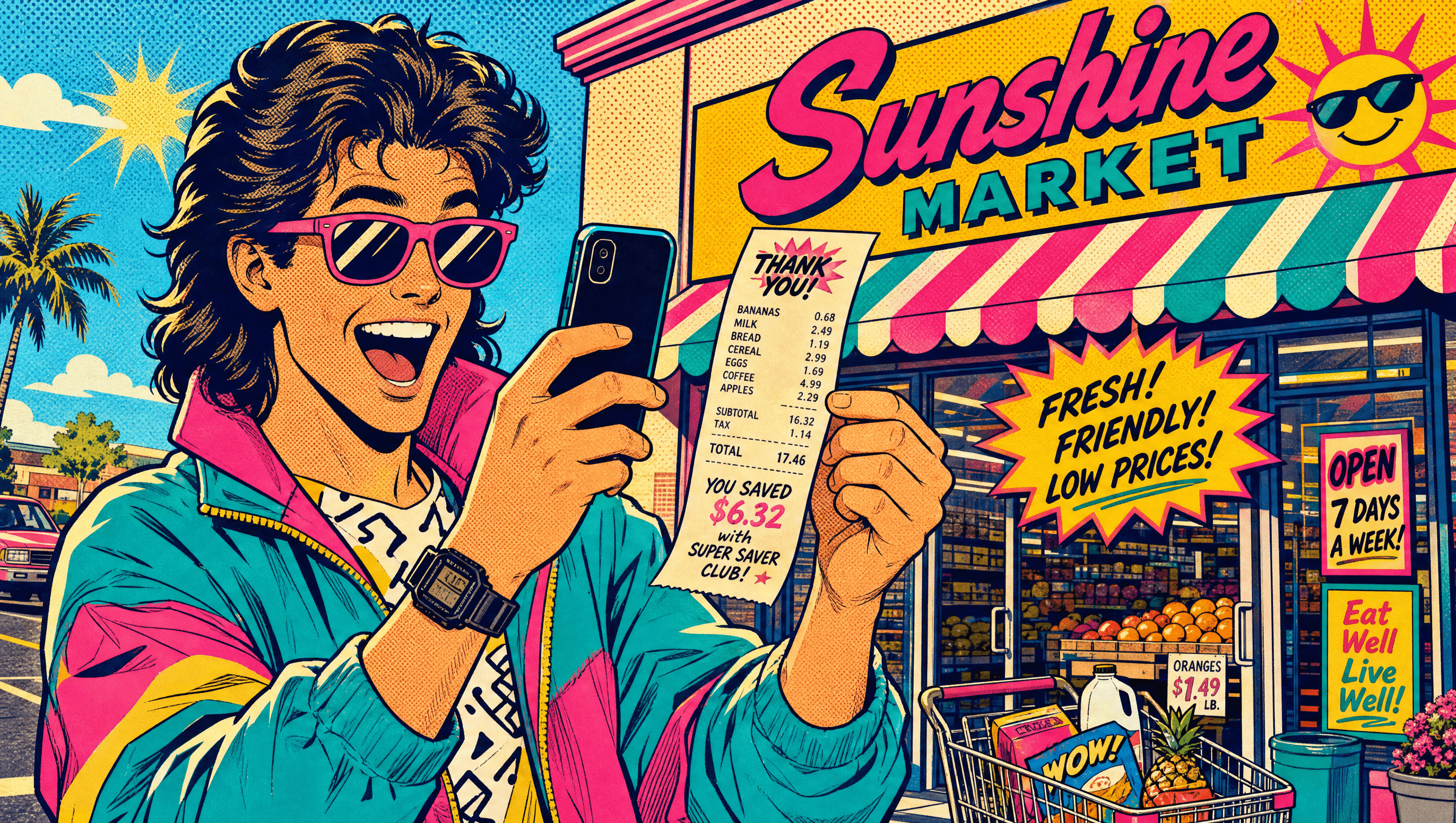 Someone excitedly photographing their receipt with their phone outside a grocery store