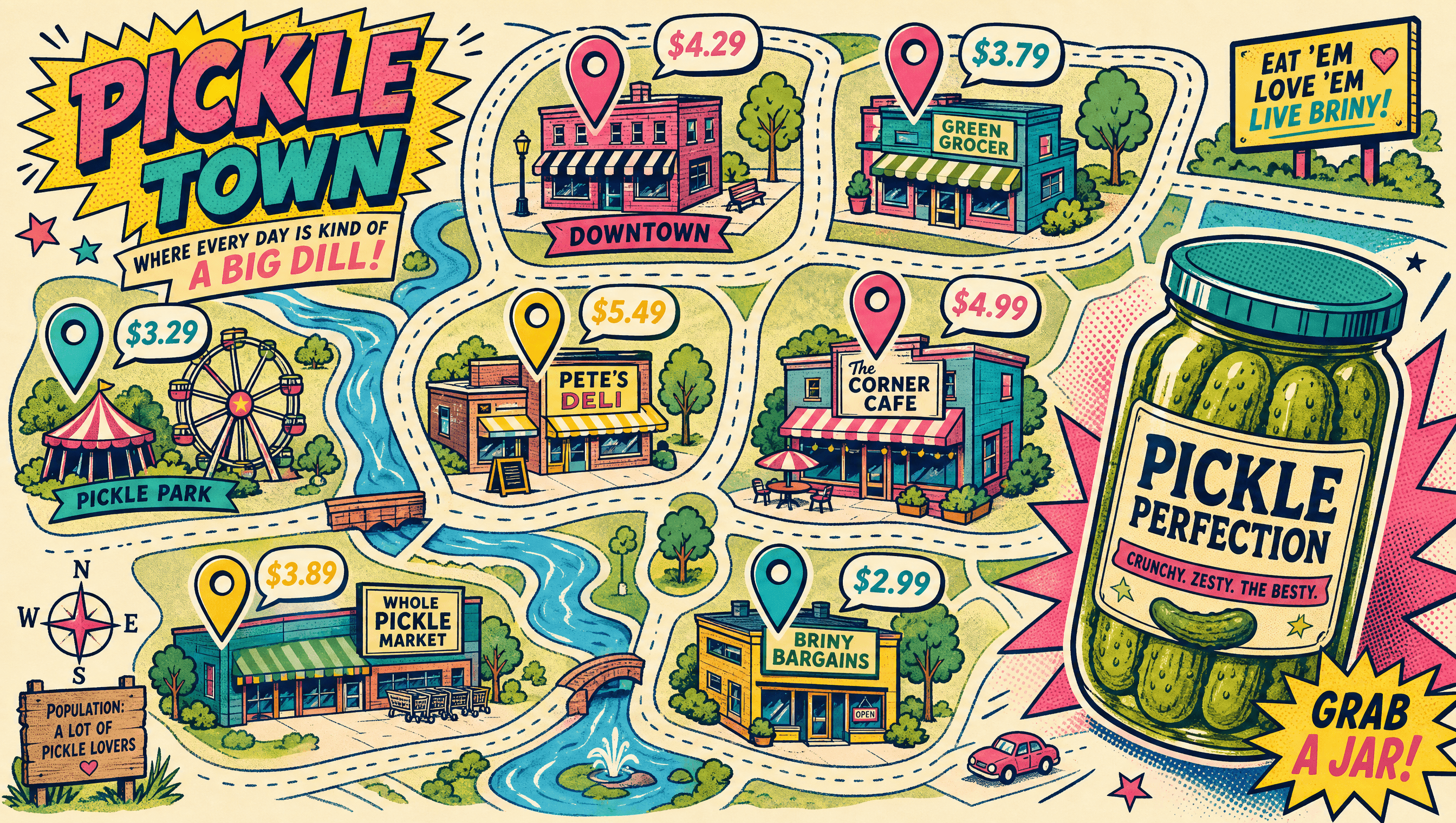 A cartoon town map with six stores pinned, each showing a different price for the same jar of pickles