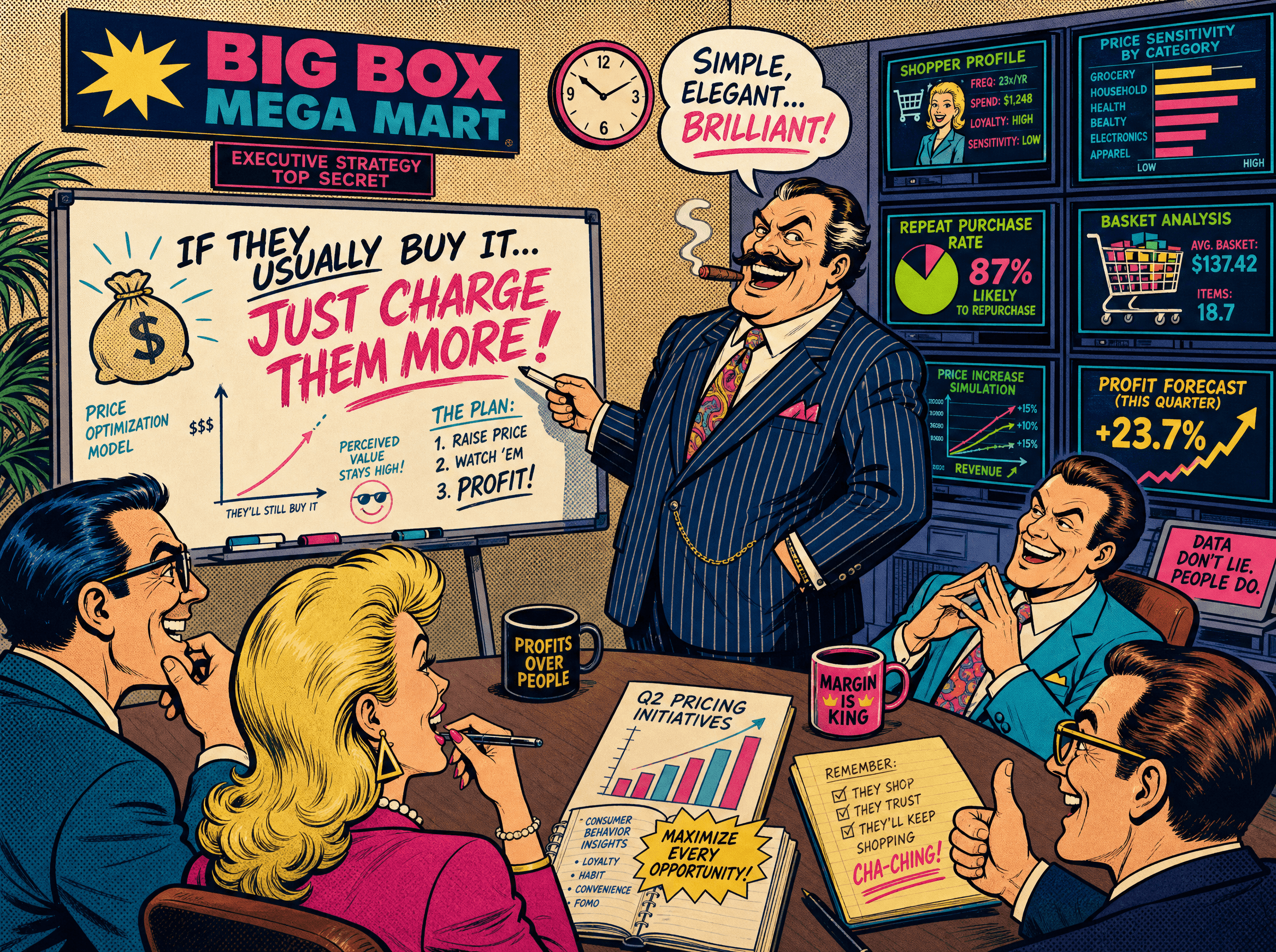 A cartoon corporate villain presenting a whiteboard plan to charge regular customers more