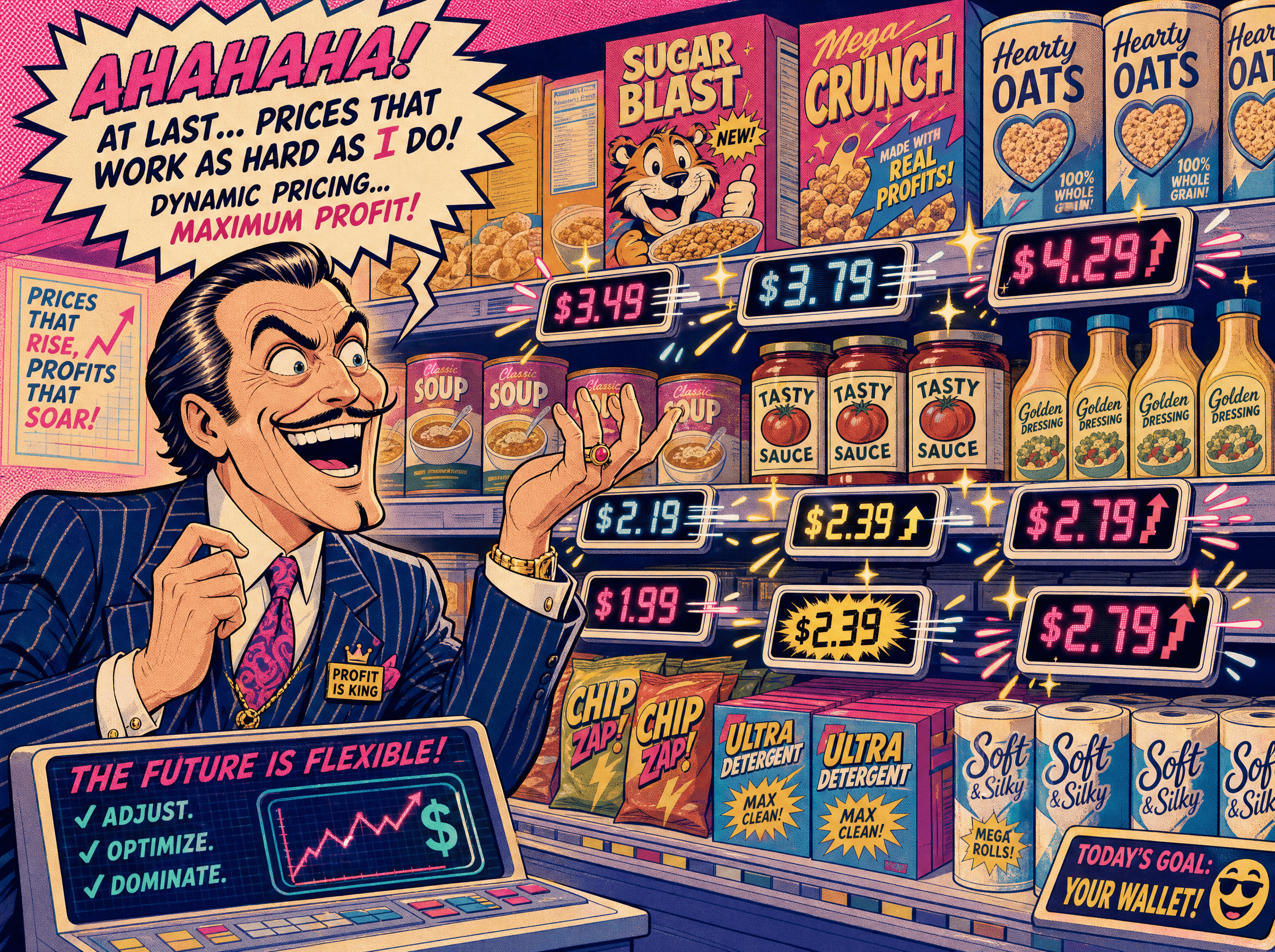A cartoon corporate villain marveling at electronic price tags changing on their own