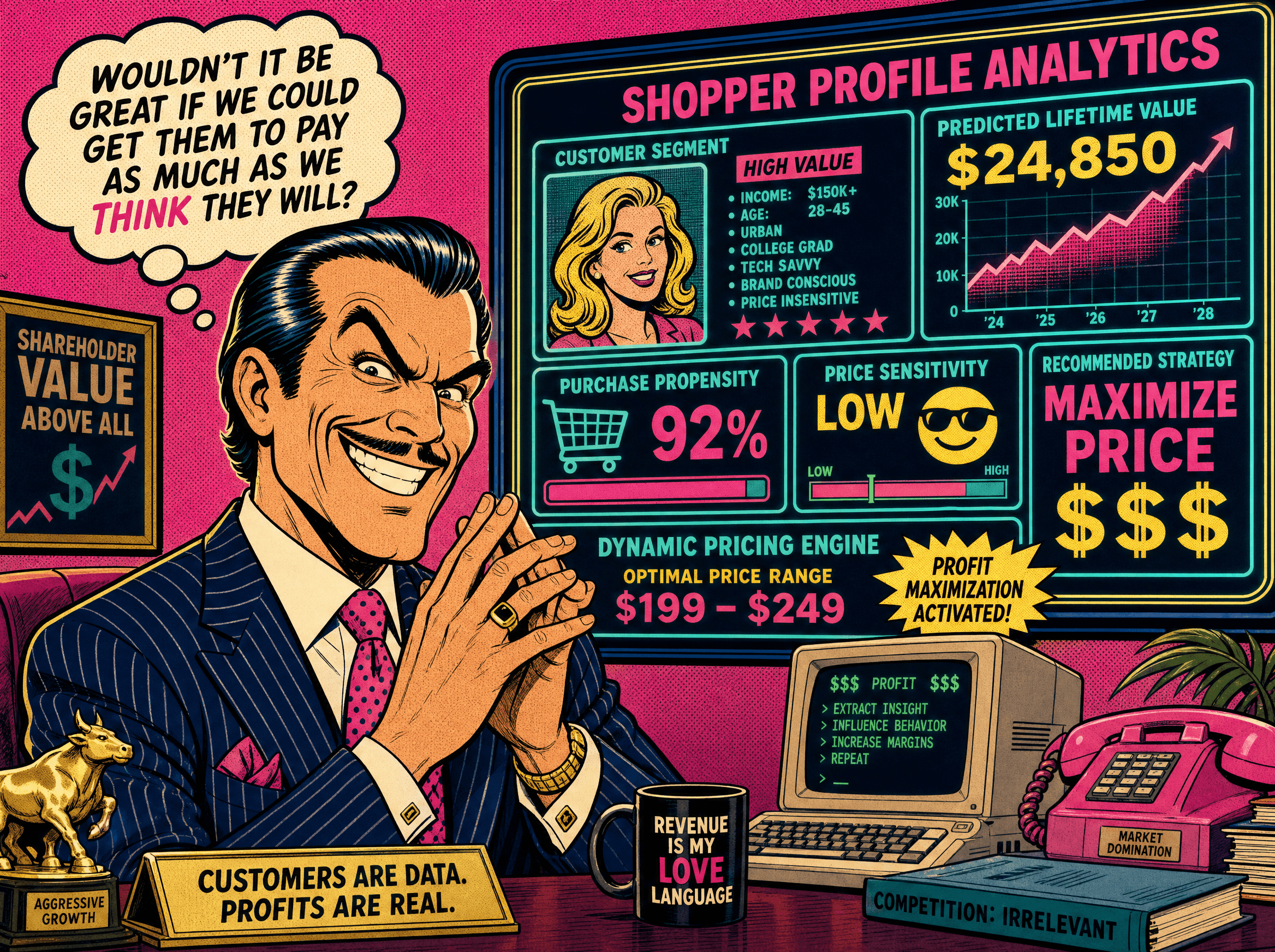 A cartoon corporate villain scheming in front of a screen of shopper data