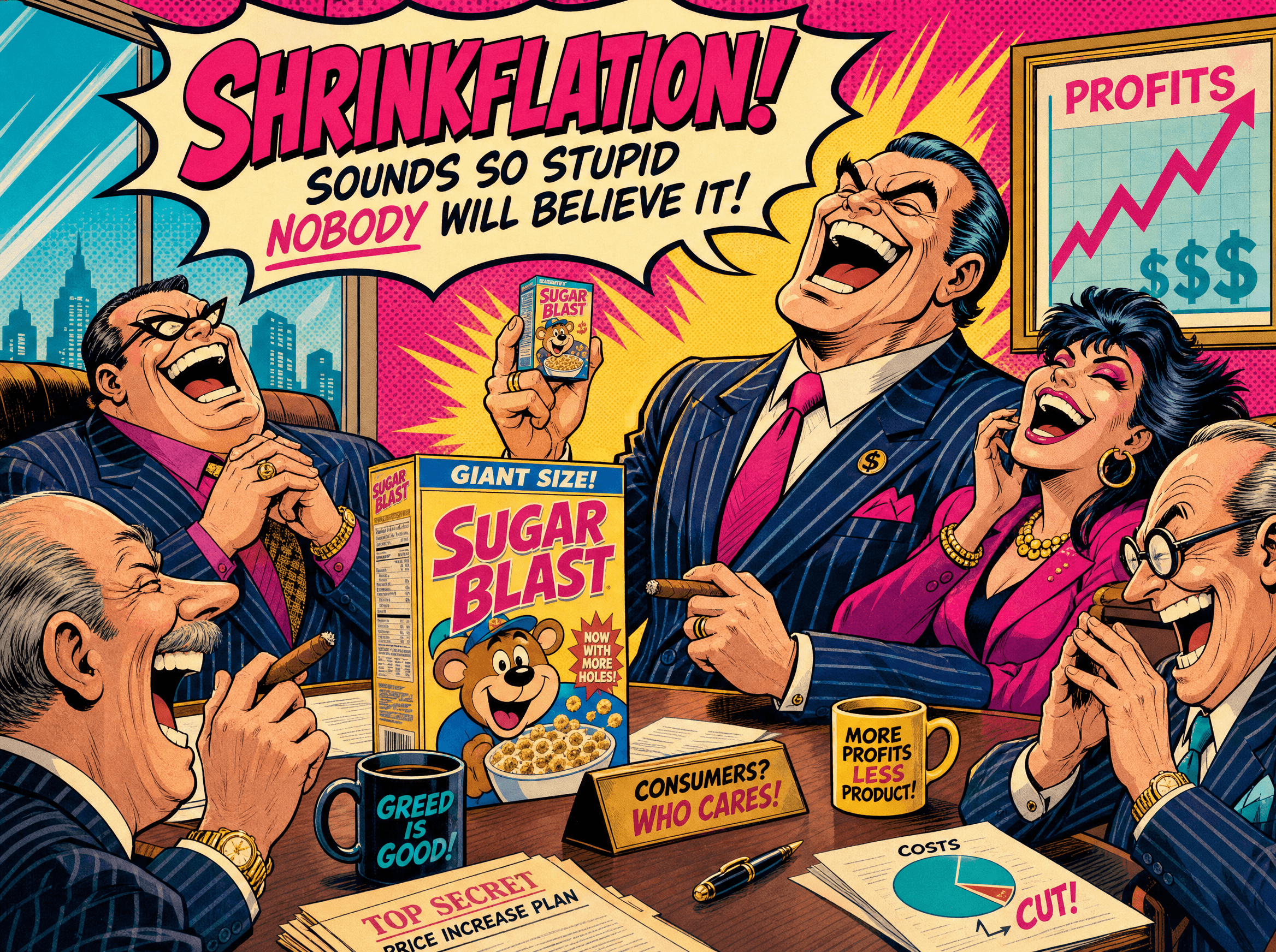 Cartoon corporate villains laughing about shrinkflation around a boardroom table